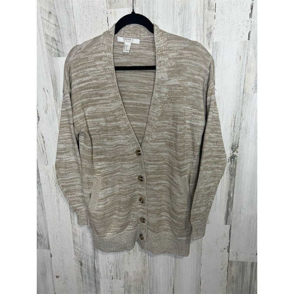 Women's Tan and White Cardigan Sweater M V-Neck Button-Up Long Sleeve Forever 21